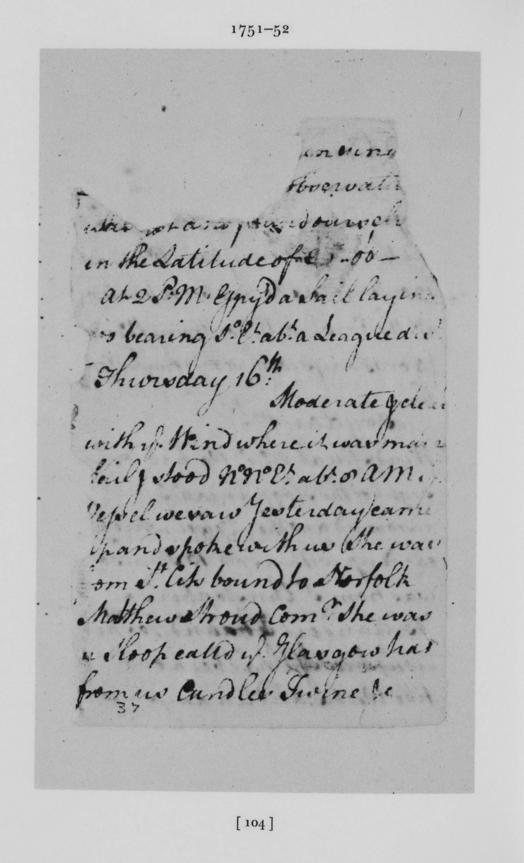 George Washington Diary, 18 Oct 1751 sloop, Glasgow fm St Croix bound to Norfolk, Matthew Shroud, Comm owner Andrew Spr…
