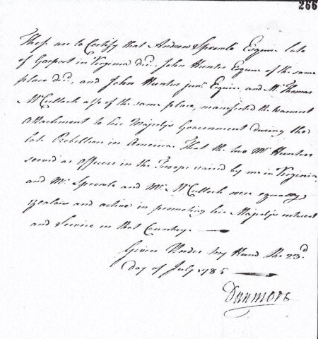 Statement of John Murray, Lord Dunmore,in support of the Loyalist claim of Andrew Sprowle , etc 23 July 1785