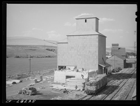 Adding new storage space to elevator. Dayton, Washington. High yields of wheat this year were taxing storage facilities