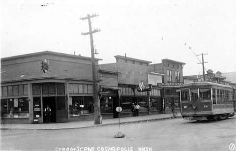 Street scene showing an electric streetcar, Cosmopolis, Washington, ca. 1924