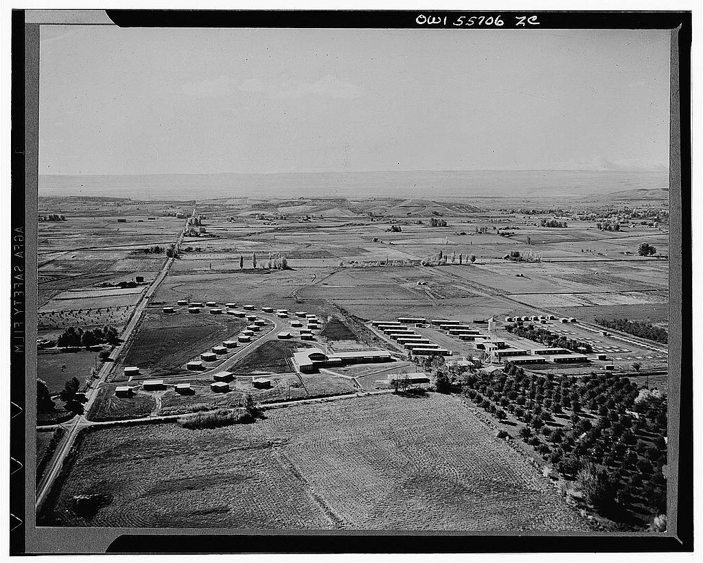 Granger, Washington. Air view of the Farm Security Administration (FSA) camp and homes. The community and school buildi…