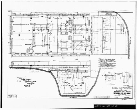 FLOOR PLAN AND SECTION DRAWING OF POWERHOUSE FOUNDATION AND DRAFT TUBE Power House Plan and Sections, drawing E-965. Pr…
