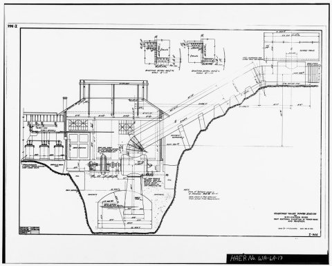 SECTION DRAWING OF SURGE TANK, PENSTOCK, AND POWERHOUSE, SHOWING TURBINE, GENERATOR, AND TRANSFORMERS INSTALLED IN POWE…