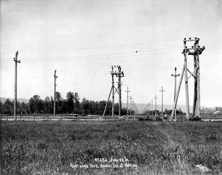 Double transmission lines making a right angle turn at Orting, June 13, 1904