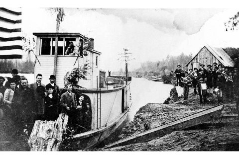 Boat MINNIE M.on the Skykomish River at Sultan, Washington, ca. 1891