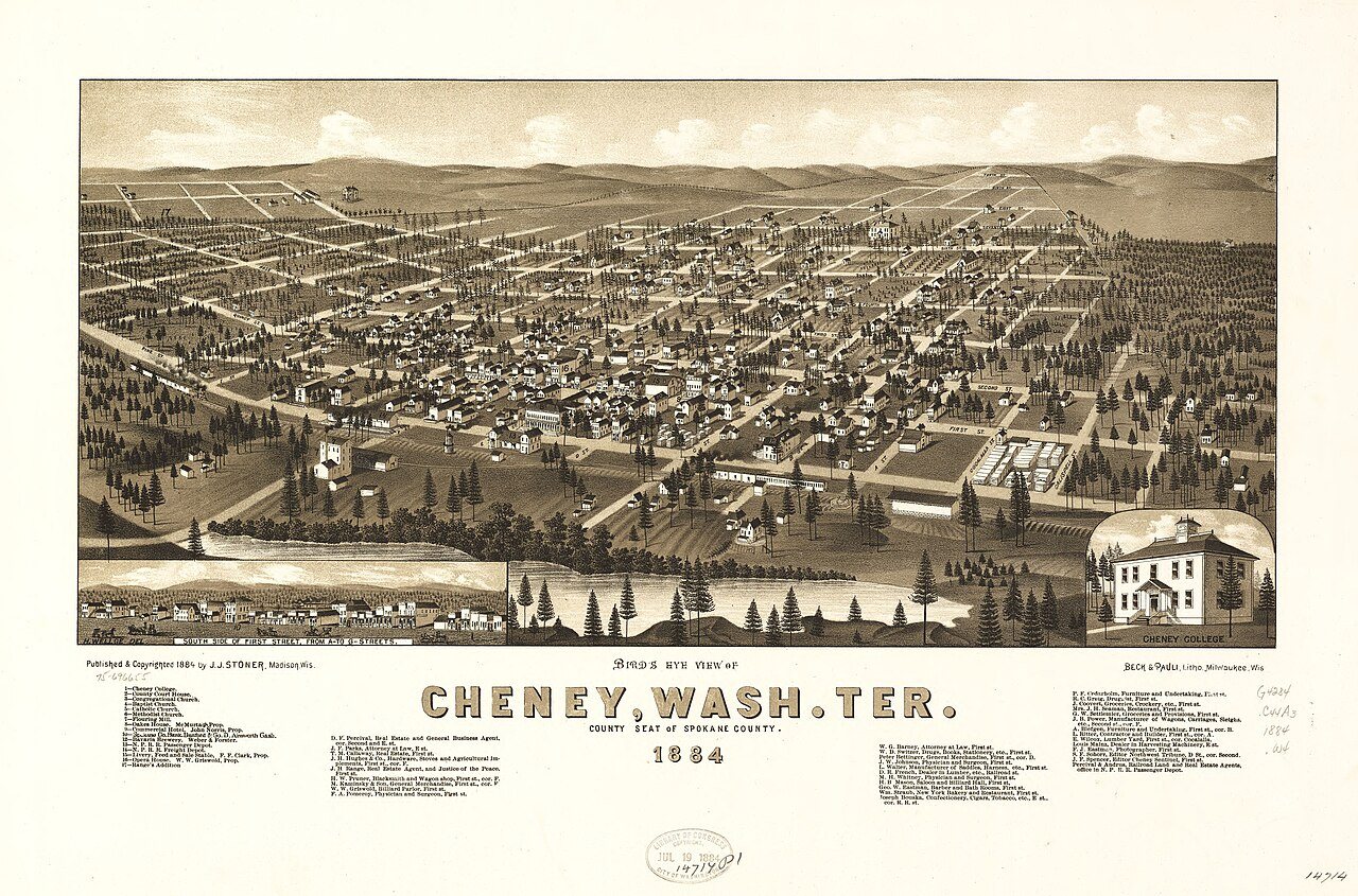 Bird's eye view of Cheney, Wash. Ter., county seat of Spokane County, 1884