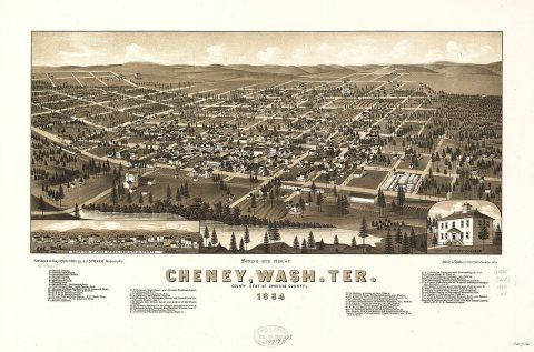 Bird's eye view of Cheney, Wash. Ter., county seat of Spokane County, 1884