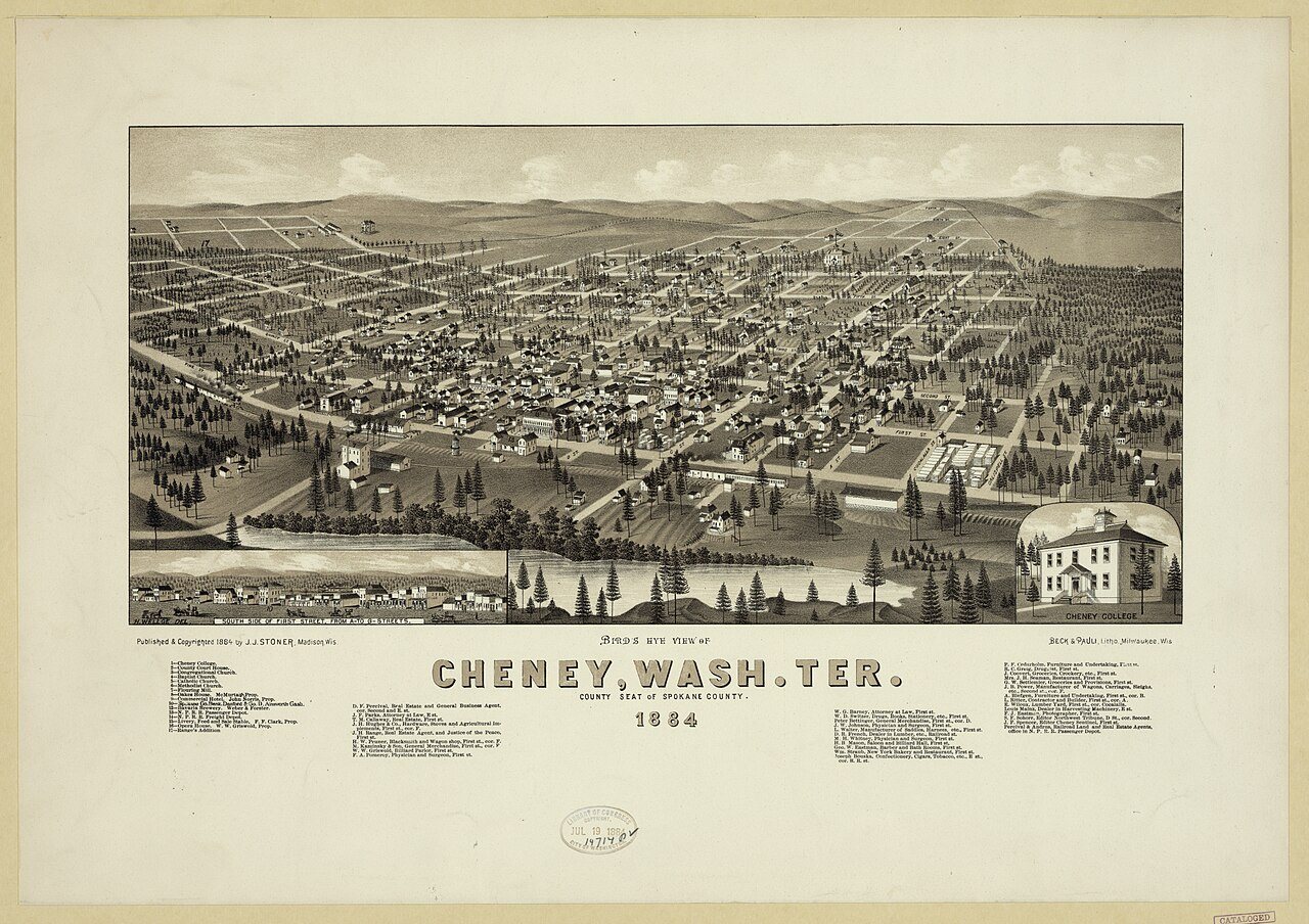 Bird's Eye View of Cheney, Wash. Ter., County seat of Spokane County. 1884