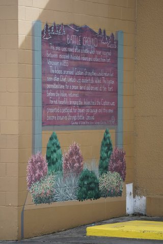 Street mural of history of Battle Grounds, Washington, historic sign, March 2020