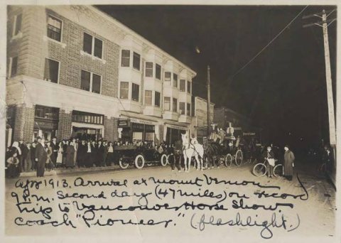 Harry Treat's horse-drawn carriage on trip to Vancouver, British Columbia, taken at Mount Vernon, Washington, April 1913