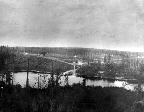 Farms and church above Meydenbauer Bay, Washington, 1900