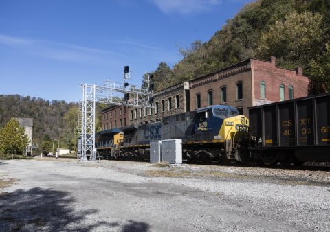 A Chesapeake & Ohio Railway coal train approaches Thurmond, a mostly deserted old Appalachian coal town in West Virginia