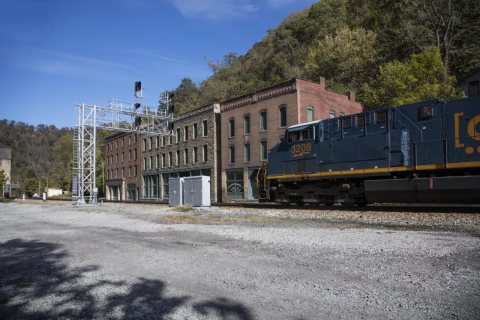 A Chesapeake & Ohio Railway coal train approaches Thurmond, a mostly deserted old Appalachian coal town in West Virginia