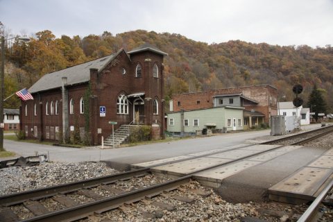 Buildings along the railroad line through the distressed Appalachian Mountains town of Keystone in southern West Virgin…