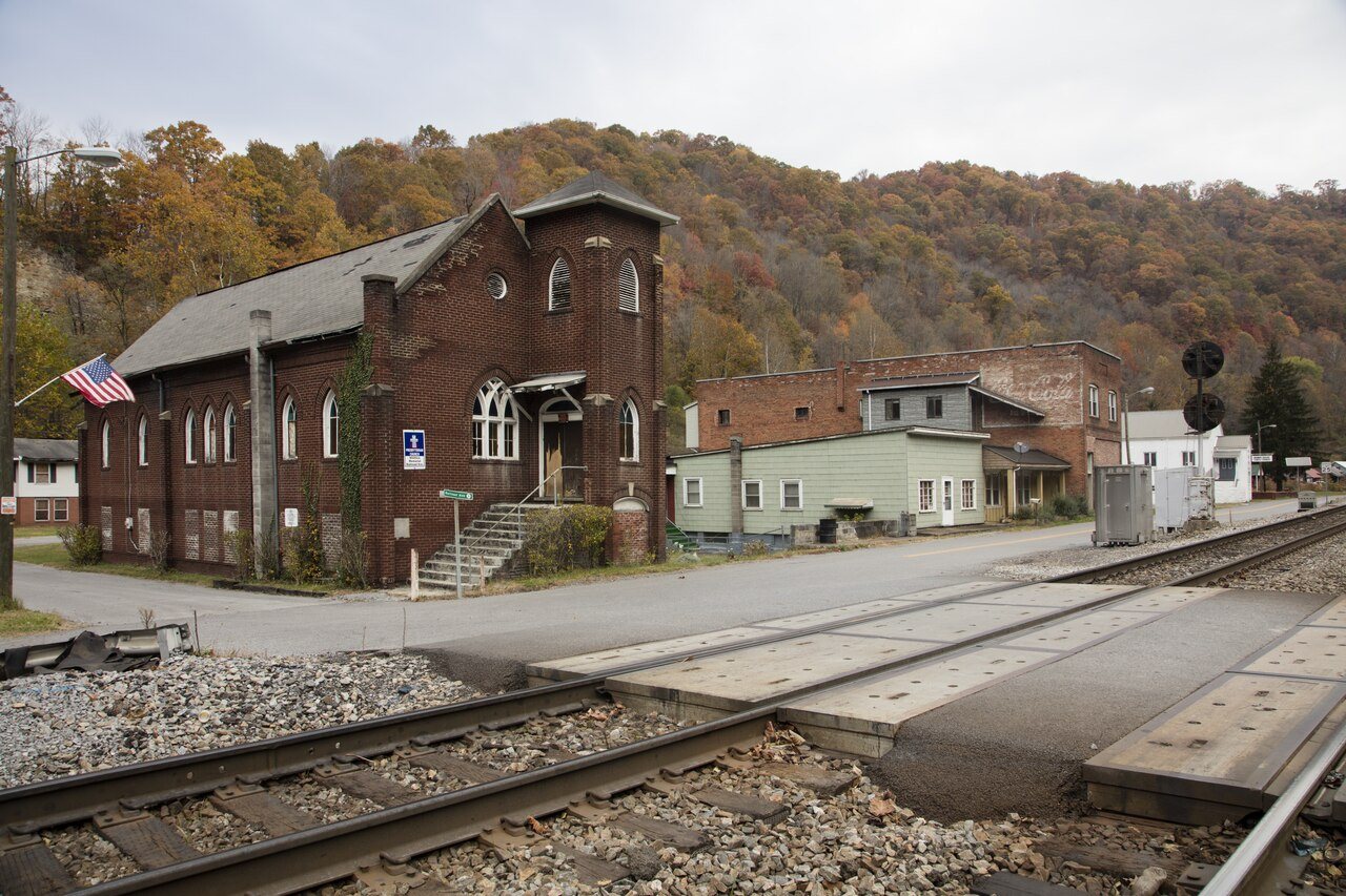 Buildings along the railroad line through the distressed Appalachian Mountains town of Keystone in southern West Virgin…