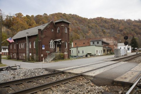 Buildings along the railroad line through the distressed Appalachian Mountains town of Keystone in southern West Virgin…