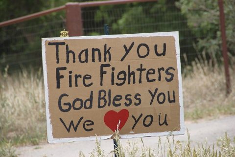 Thank You Fire Fighters, God Bless You, We Love You sign, East Peak Fire, Walsenburg, Colorado, June 2013