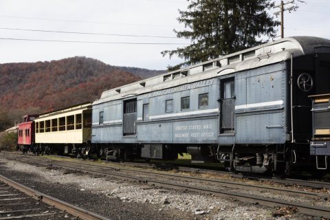 Vintage railroad cars belonging to the Durbin and Greenbrier Valley excursion railroad, outside the depot in the tiny s…