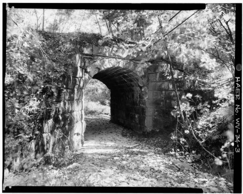 VIEW, LOOMING NORTH, SHOWING ABUTMENT OF BRIDGE NO. 1 - Baltimore and Ohio Railroad, Stone Bridges 1 and 2, Between Gas…