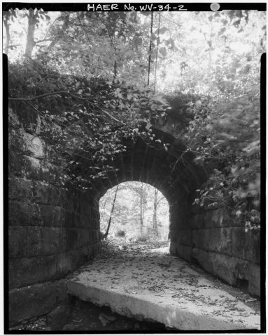 VIEW, LOOKING SOUTH, SHOWING BRIDGE ARCH OF BRIDGE NO. 1 - Baltimore and Ohio Railroad, Stone Bridges 1 and 2, Between …