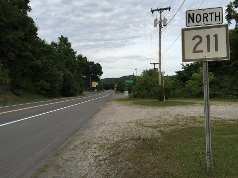 2017-07-21 19 06 38 View north along West Virginia State Route 211 (Main Street) at West Virginia State Route 16 in