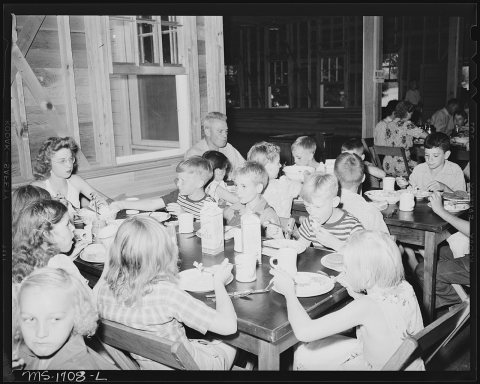 Noon day meal at the camp. Meal consisted of macaroni and cheese, raw green vegetable salad, peanut butter, bread... - …