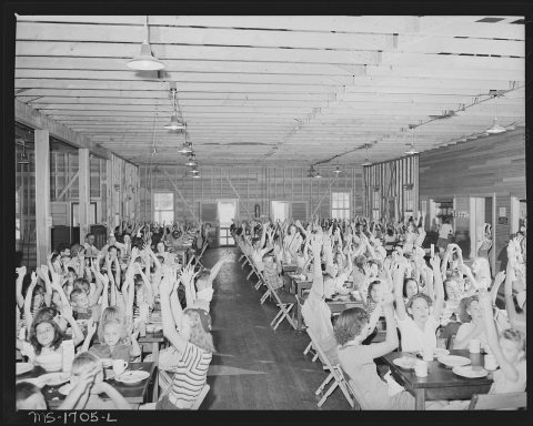 Dining-hall for campers. Here they are singing one song which is acted out. Koppers Recreation Camps, Inc. Camp... - NA…