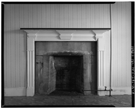 View east, house, 1st floor, interior, detail of fireplace - George Washington Smith Farm, House, Elk Fork Road