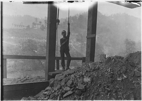 Welch Mining Co., Welch, W. Va. Boy running "trip rope" at tipple. Overgrown, but looked 13 years old. Works 10 hours a…