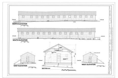 Elevations and Section - Civilian Conservation Corps (CCC) Camp NP-5-C, Barracks No. 5, CCC Camp Historic District at C…