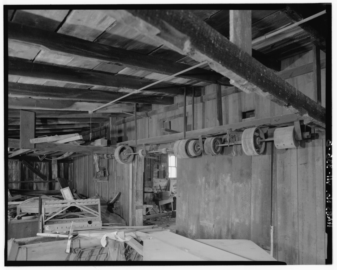 INTERIOR OF WHEELWRIGHT SHOP, LOOKING NORTHEAST - Ferdinand Schulz Blacksmith and Wheelwright Shop, W3222 Highway 32, H…