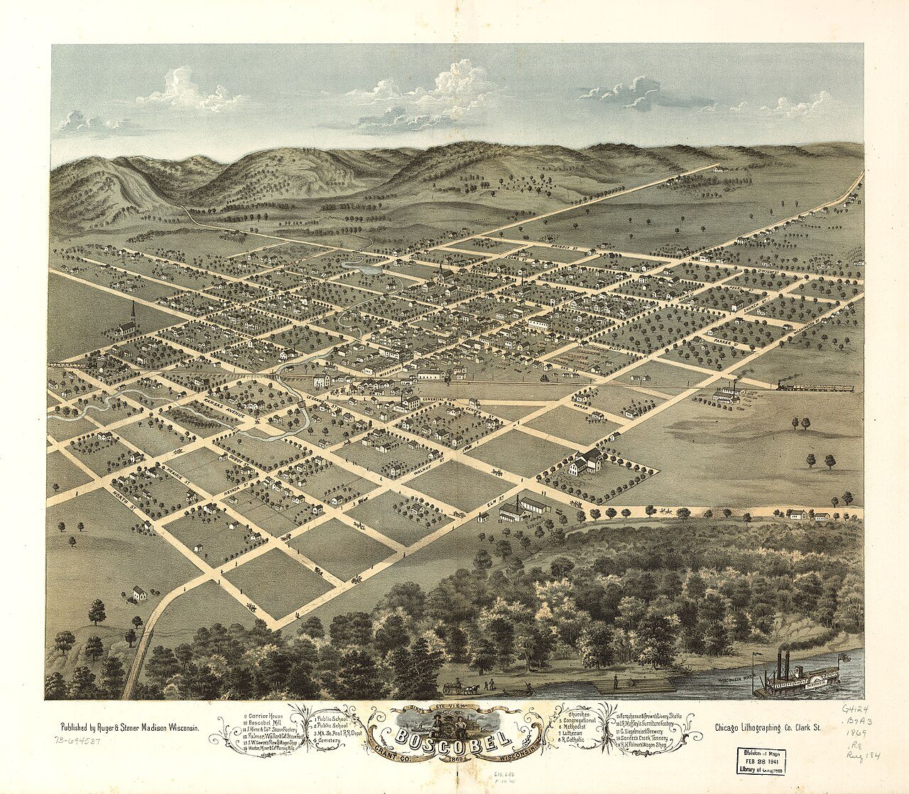 Bird's eye view of Boscobel, Grant Co., Wisconsin 1869
