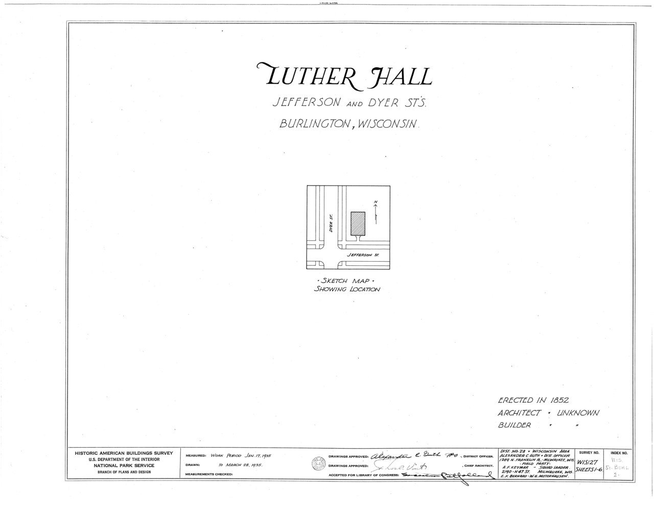 HABS WIS,51-BURL,2- (sheet 0 of 6) - Luther Hall, Jefferson and Dyer Streets