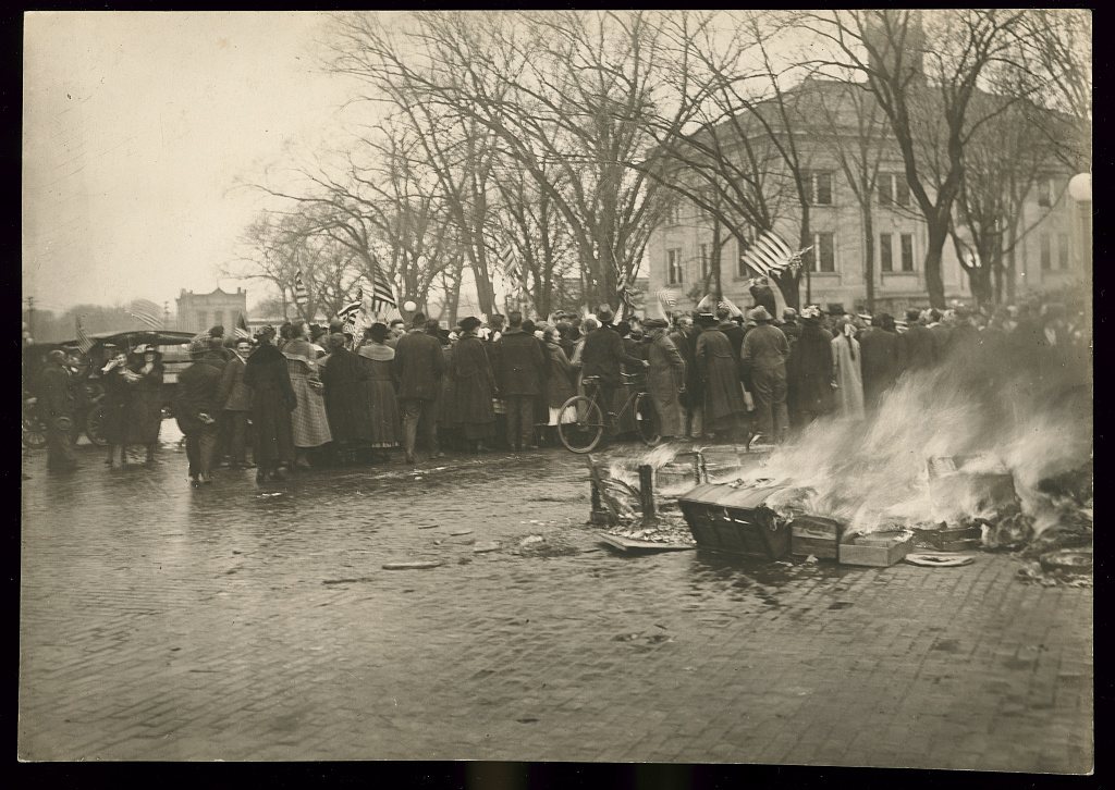 A pile of German textbooks, from the Baraboo High School, burning on a street