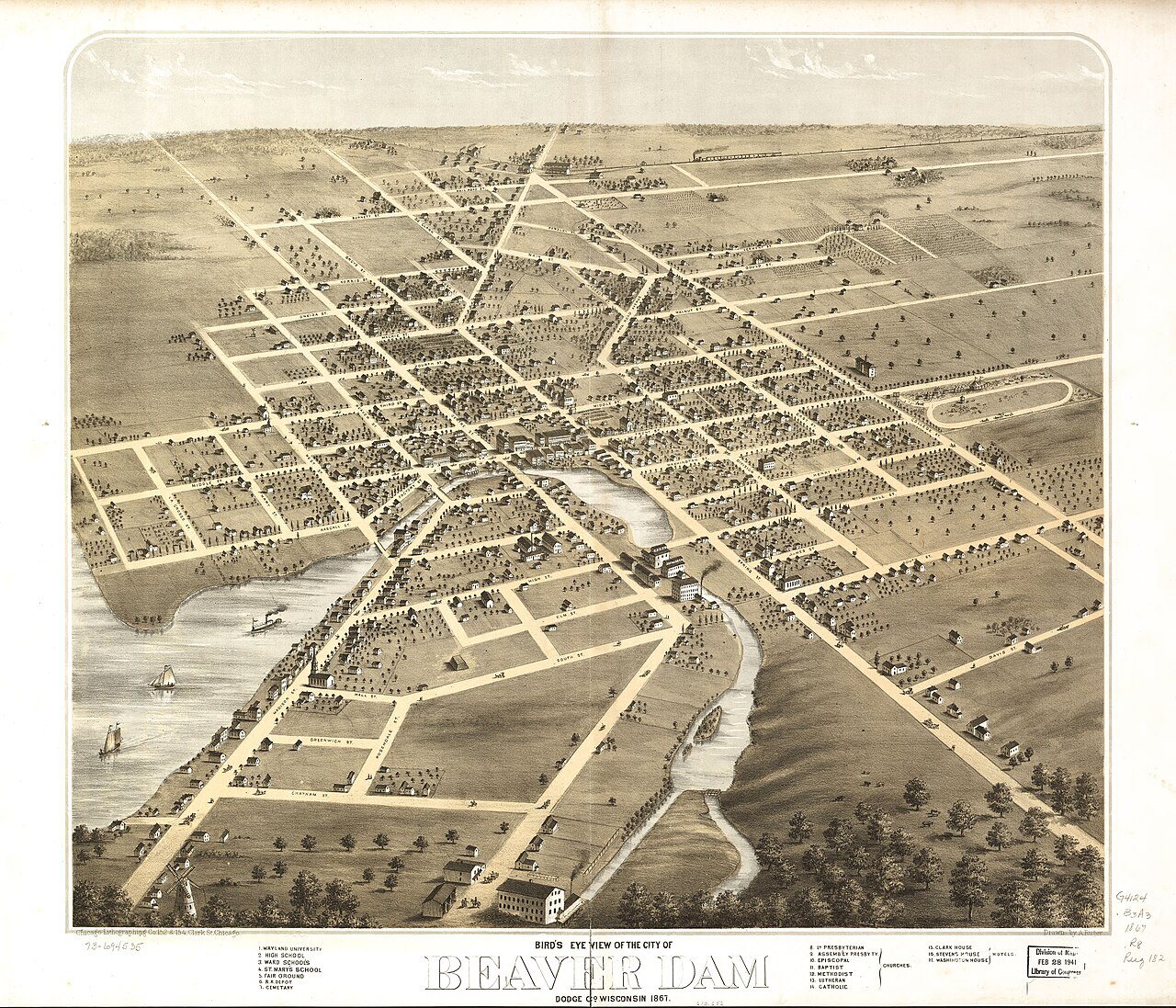 Bird's eye view of the city of Beaver Dam, Dodge Co., Wisconsin 1867