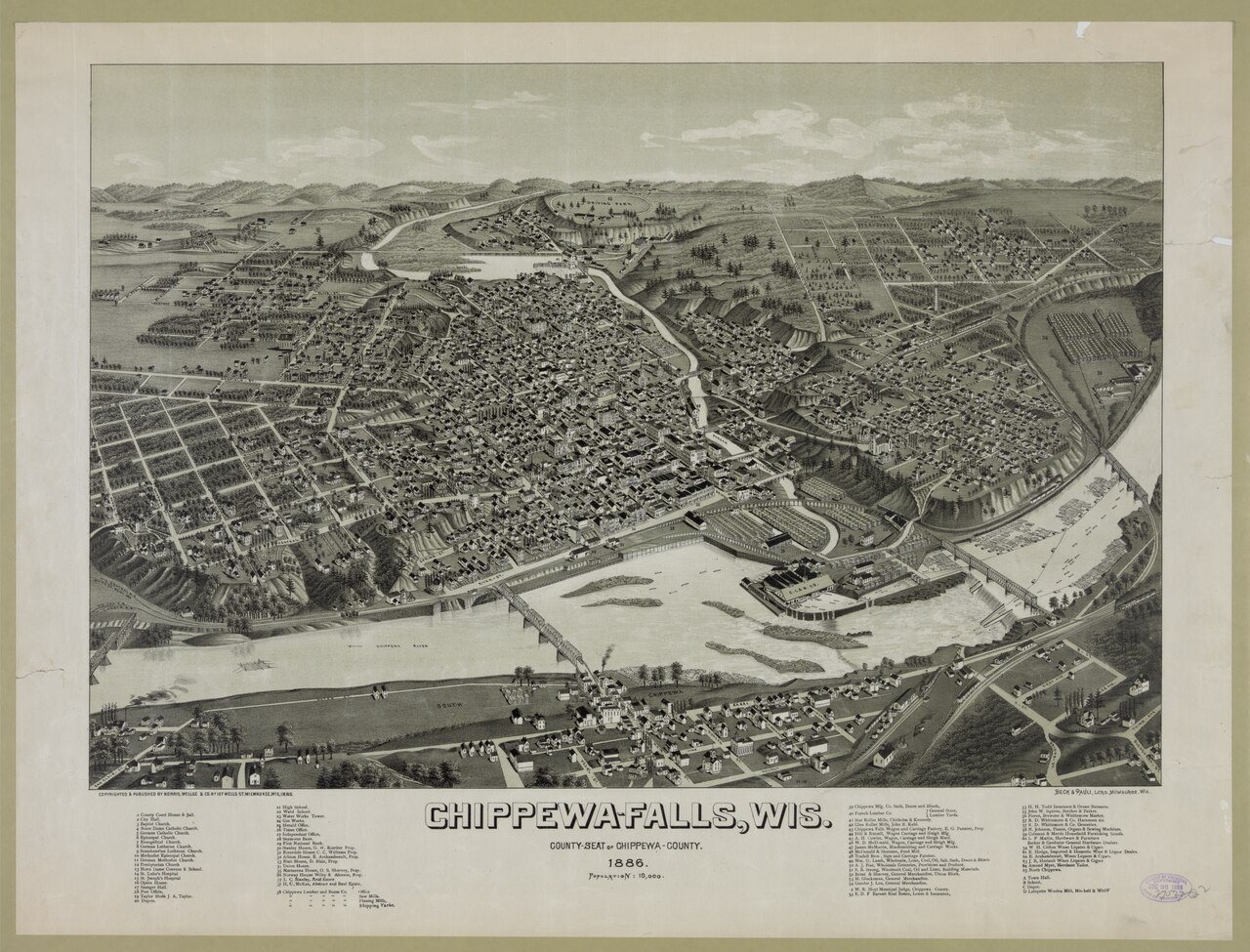 Chippewa-Falls, Wis. County-seat of Chippewa-County. 1886. Population- 10,000