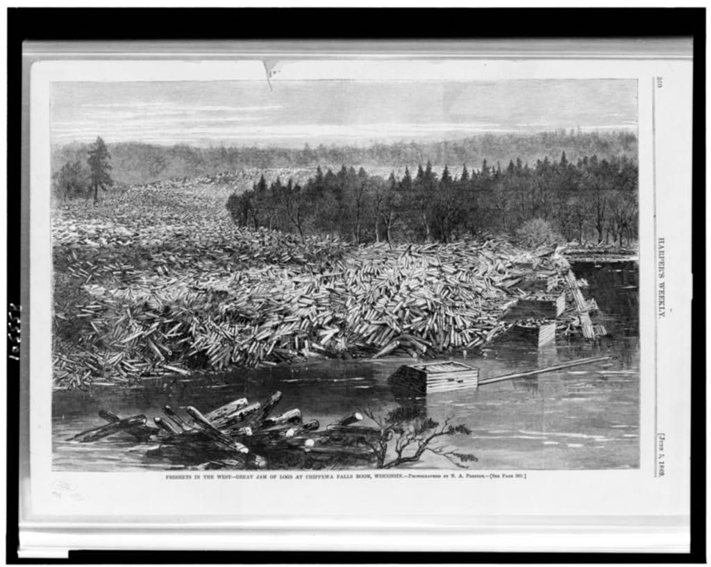 Freshets in the West--great jam of logs at Chippewa Falls boom, Wisconsin