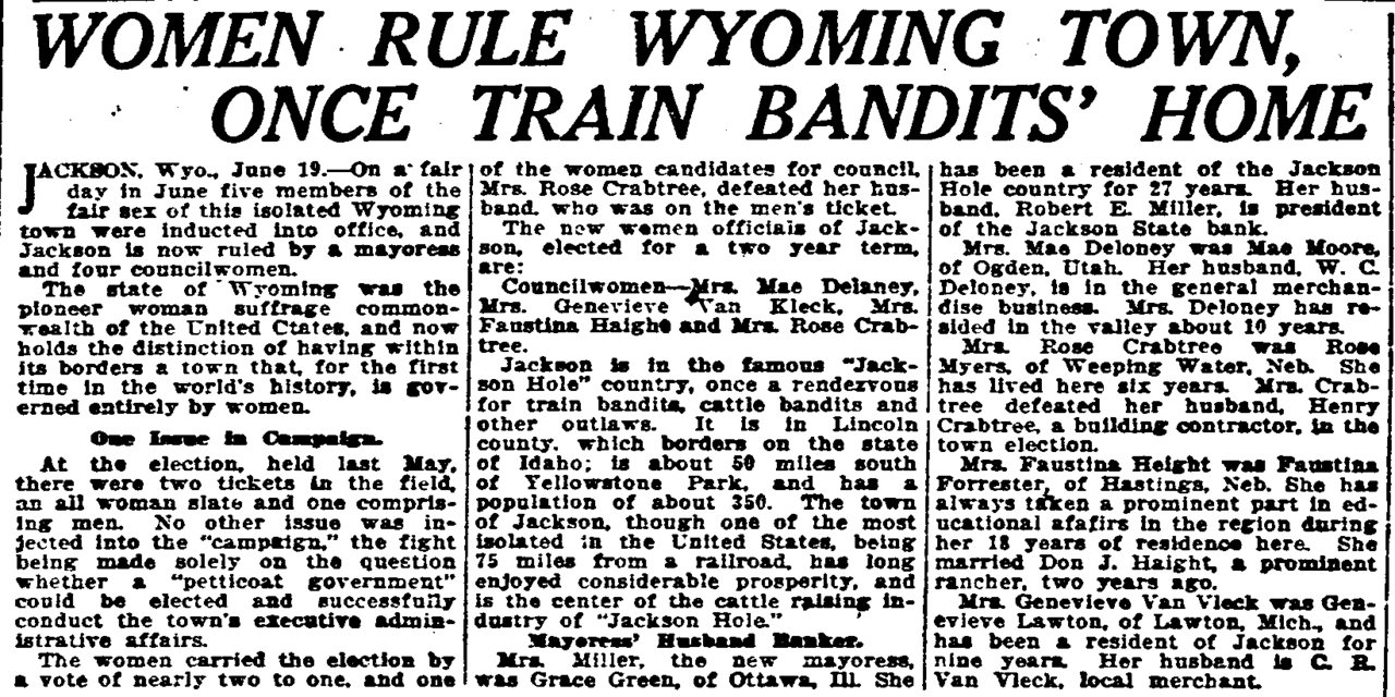 Women Rule Wyoming Town in the El Paso Herald-Post June 19, 1920