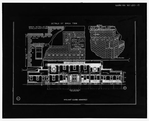Photographic reproduction of original construction drawing, ca. 1930- "Front elevation" and "details of brick trin, ori…