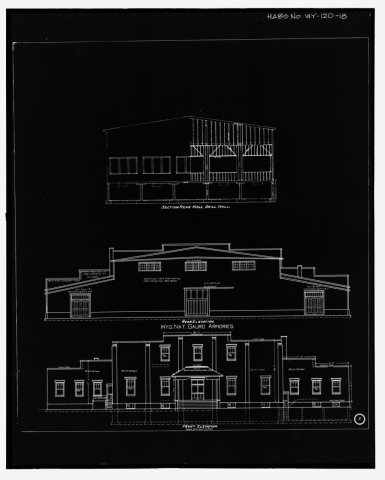 Photographic reproduction of original construction drawing, ca. 1930- " Section rear wall drill hall" and "Front elevat…