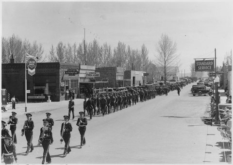 CCC Camp BR-72 Shoshone Project, Powell, Wyoming: Photo of members of Company No. 4821 on parade at Powell, Wyoming