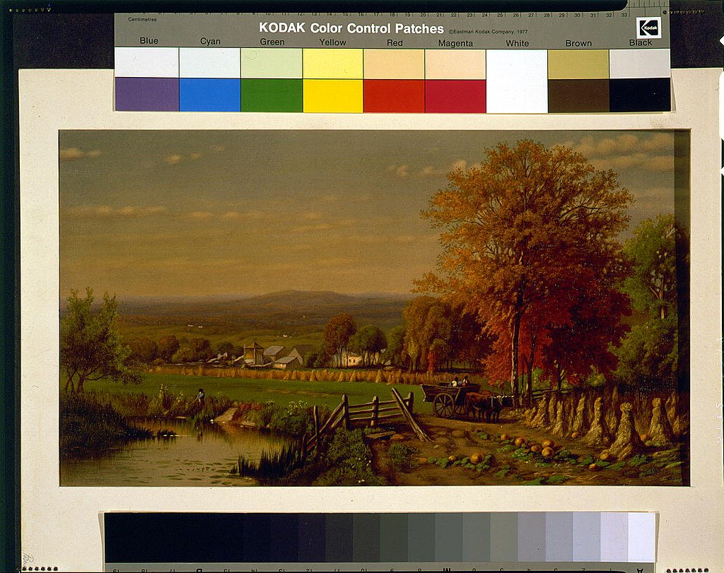 Scene on farm, near Farmington, Connecticut, in autumn, showing pond, fields, and buildings