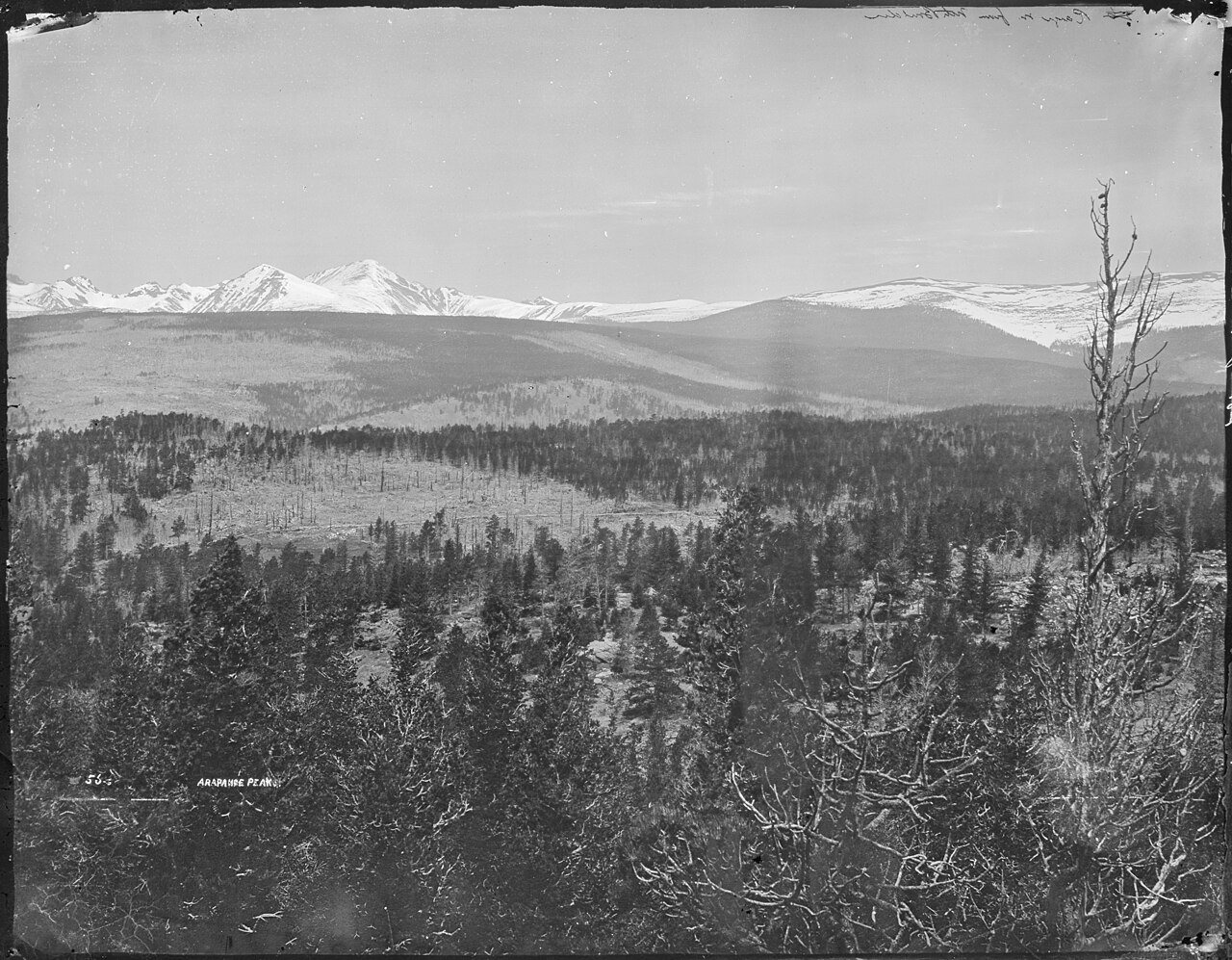 Front Range of Rocky Mountains from Prospect Mountain north of North Boulder, Colorado, showing Arapaho Peak