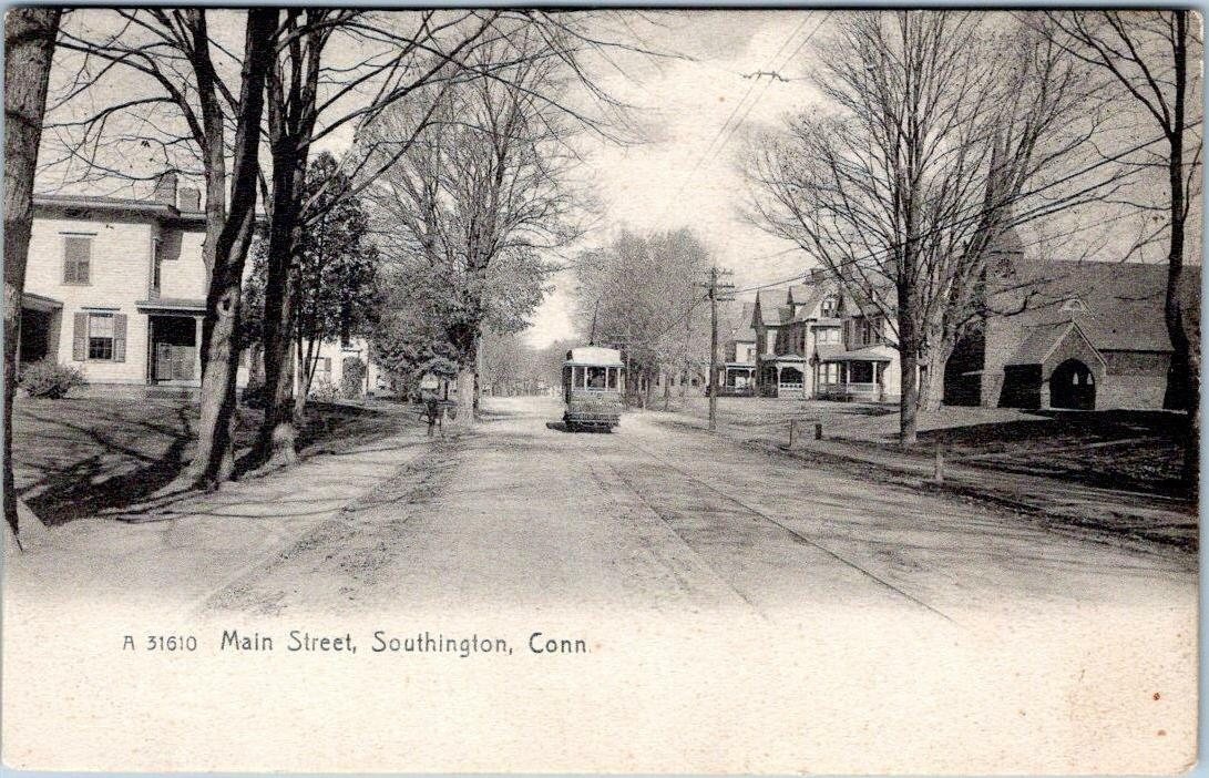 Main Street in Southington with streetcar - postcard