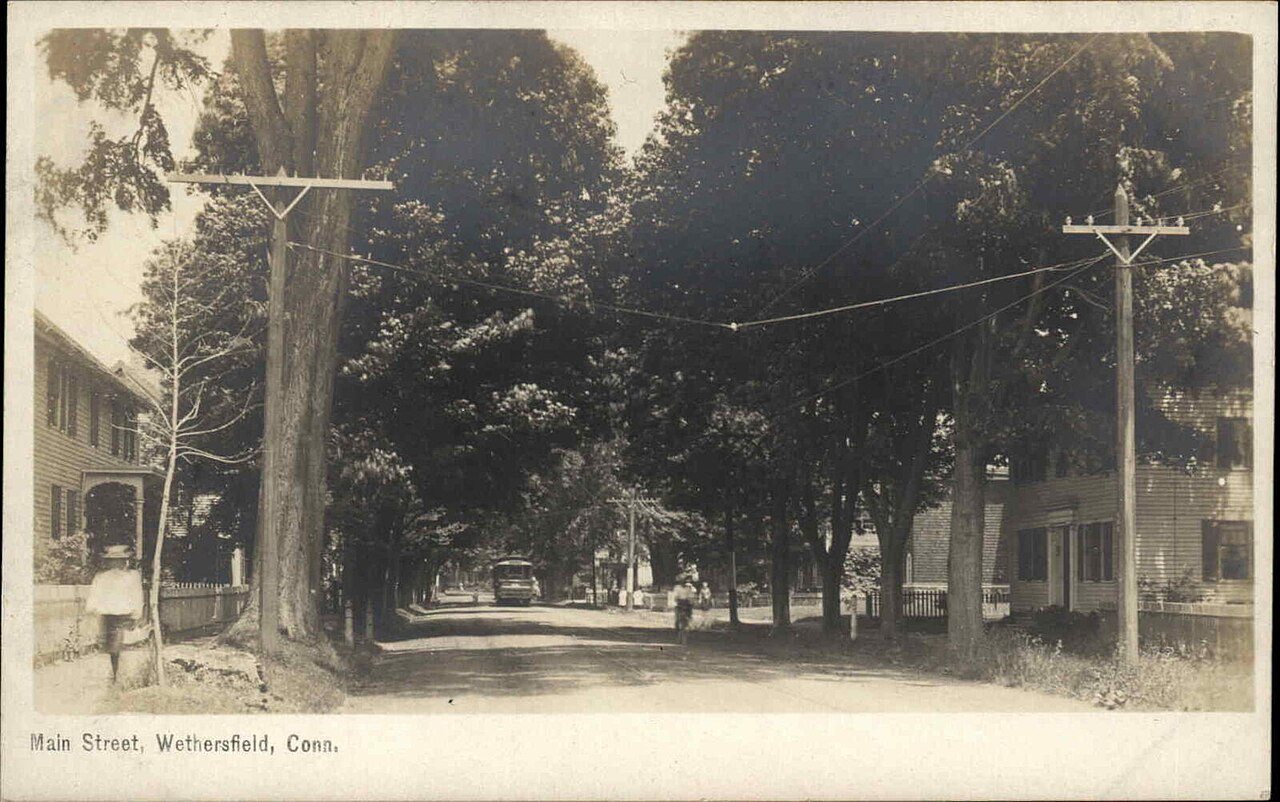 Main Street, Wethersfield, with streetcar - postcard