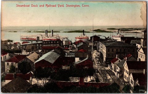 Stonington dock and rail yard postcard
