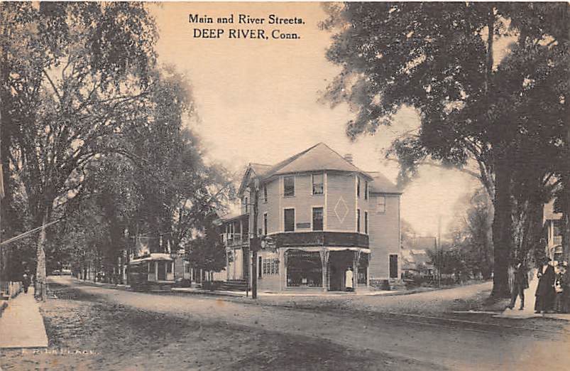 Main and River streets in Deep River with trolley postcard