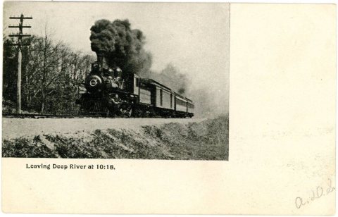 Train leaving Deep River - postcard