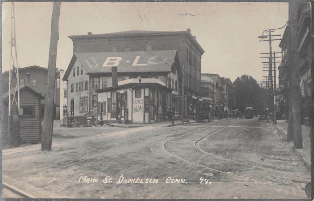 Main Street from railroad crossing, Danielson - postcard