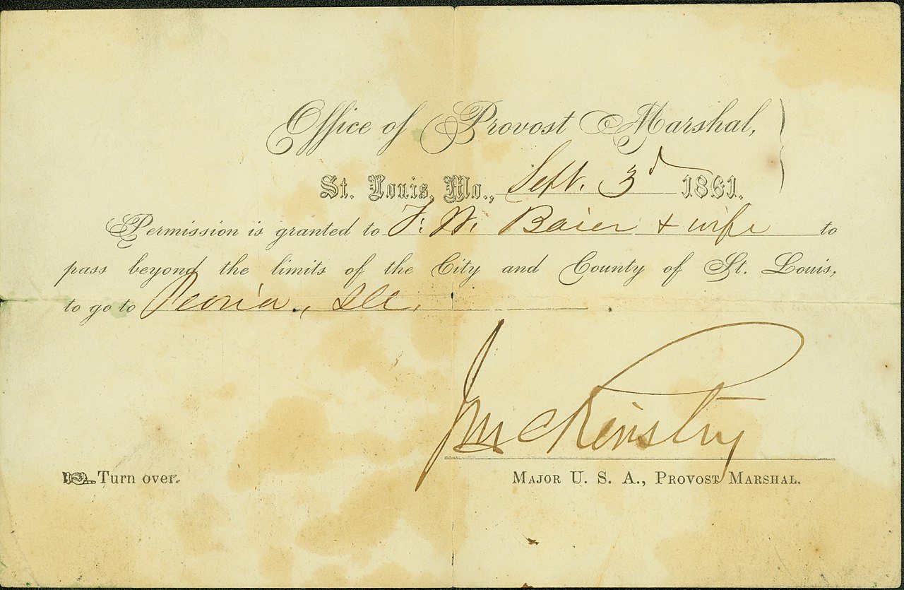 Military pass of F.W. Baier and wife, signed J. McKinstry, St. Louis, September 3, 1861